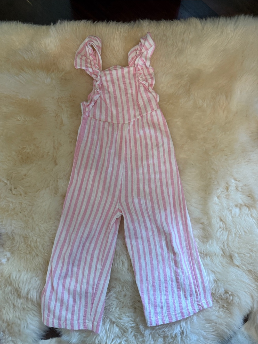 Zara Pink and White Striped Ruffle-Shoulder Overalls